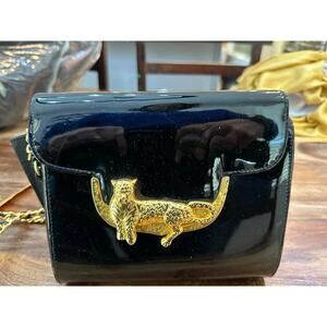 Vintage Via Piaggi Black Deco Art Faux Leather Gold Leopard Avant Garde Purse